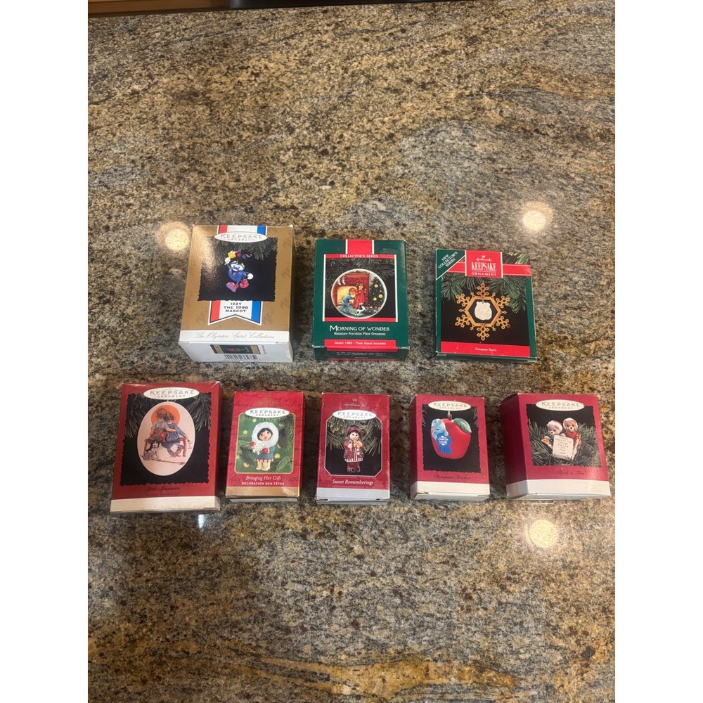 Lot of 8 Hallmark Keepsake Ornaments 1989-1996 Izzy Olympic Norman Rockwell